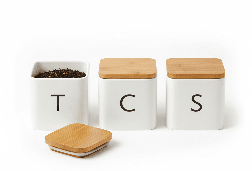 Tea, Coffee & Sugar Storage Set – White Metal Jars with Bamboo Lids 5