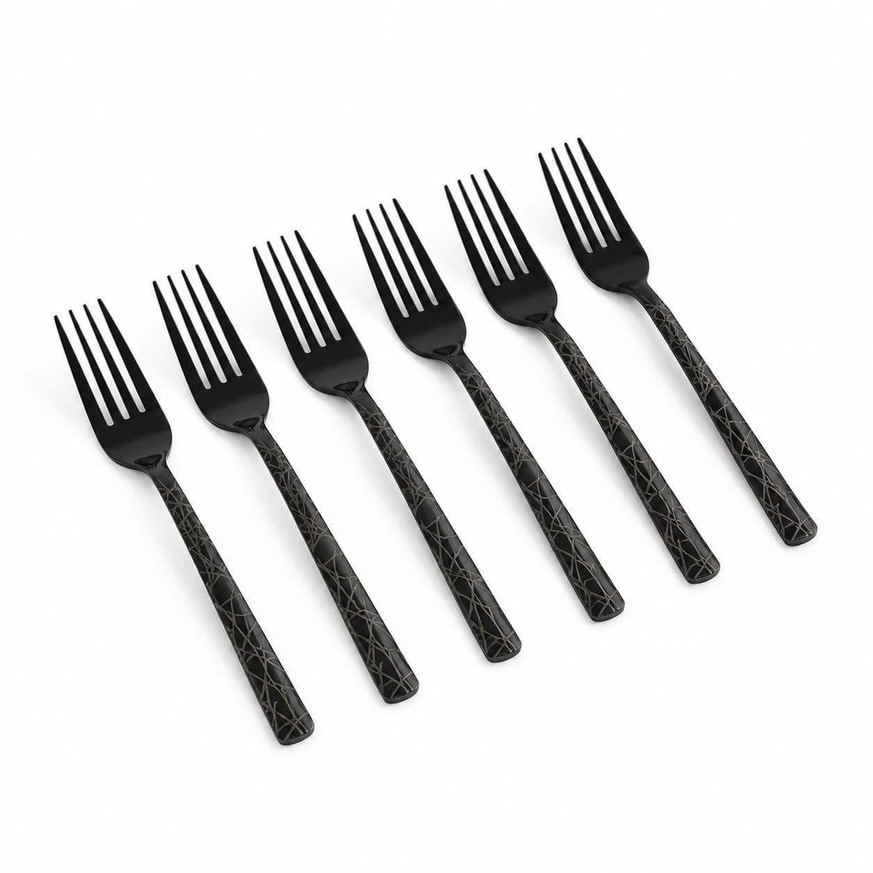 6 black titanium dining forks with laser pattern, suitable for serving food. 2