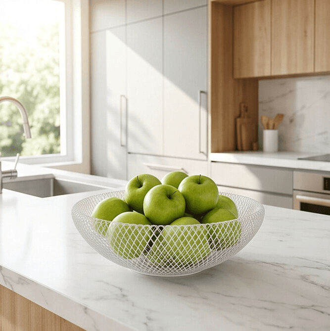 White Metal Mesh Fruit Basket – Modern Kitchen and Dining Table Design