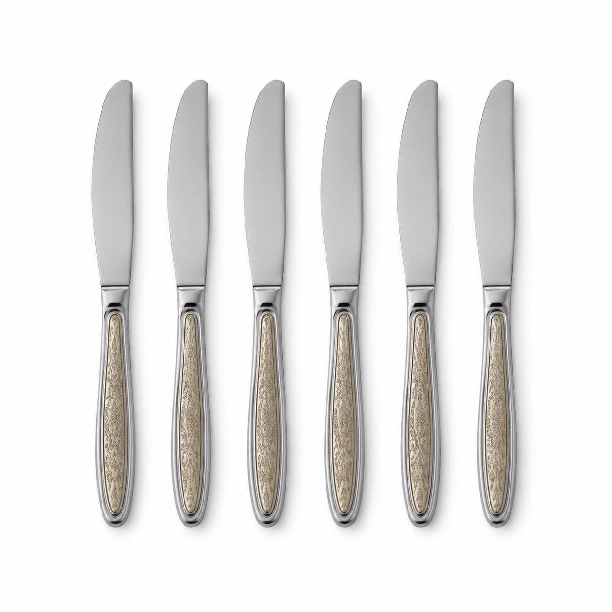 6 gold dining knives with a patterned handle, suitable for cutting and serving food. 2