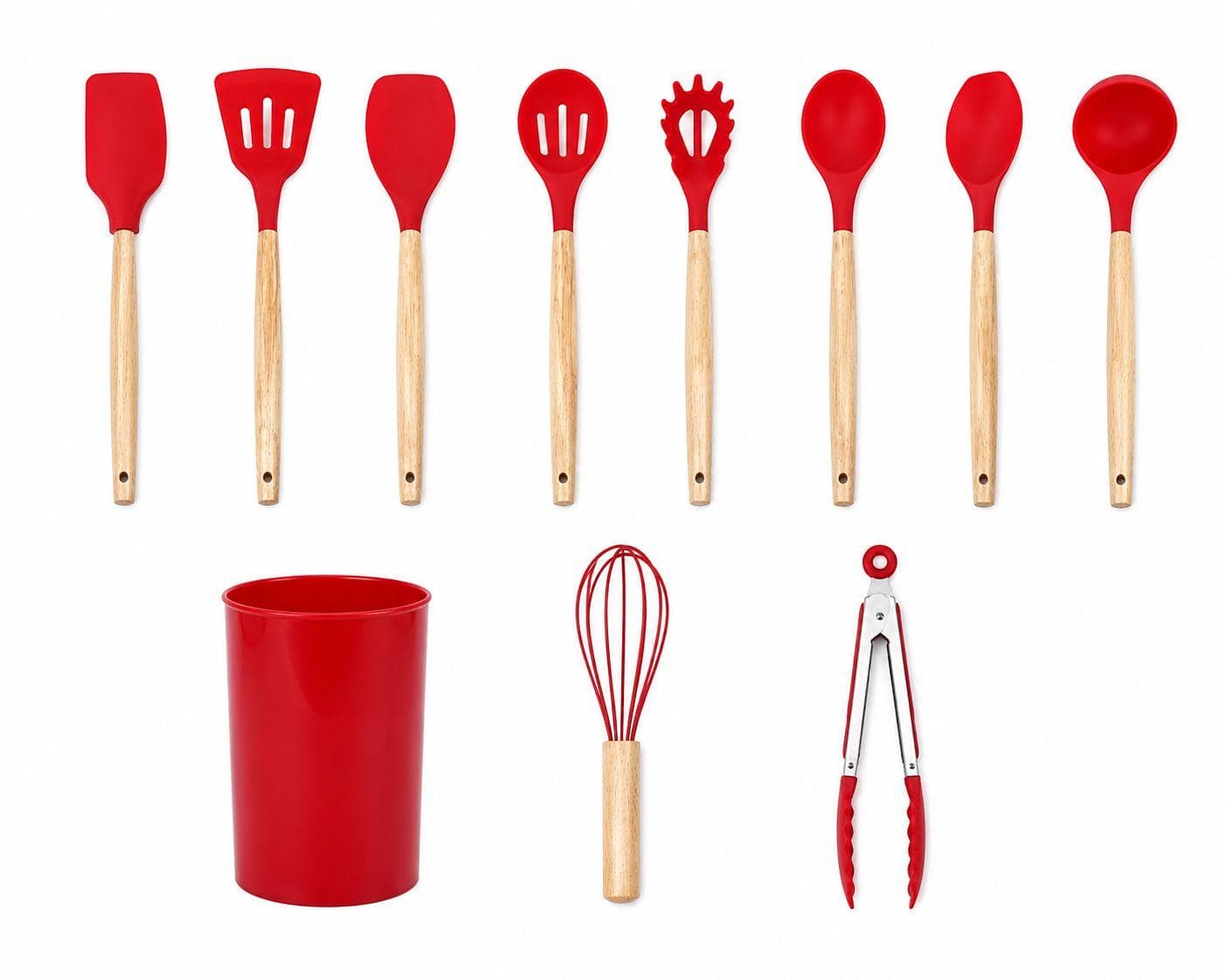 Silicone Kitchen Utensil Set with Wooden Handles & Holder 5
