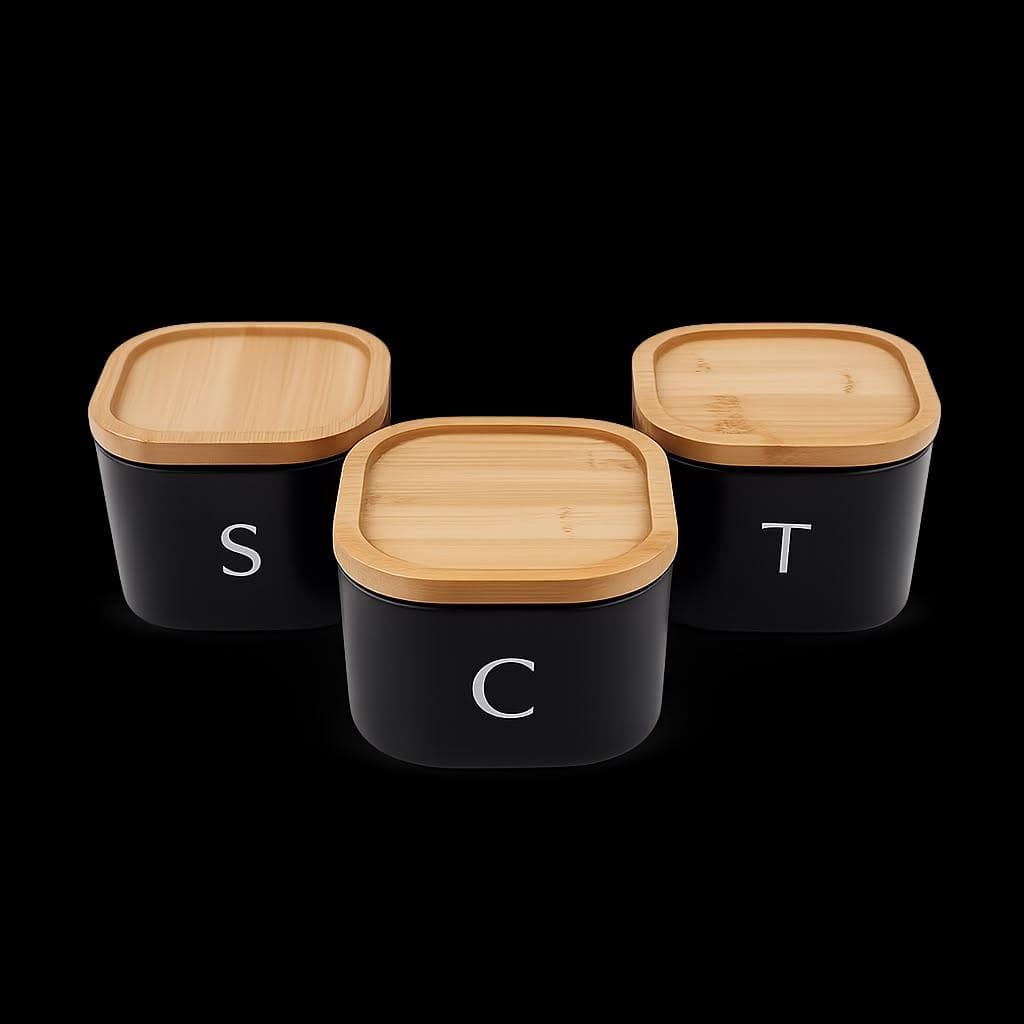 Tea, Coffee & Sugar Storage Set – White Metal Jars with Bamboo Lids 5