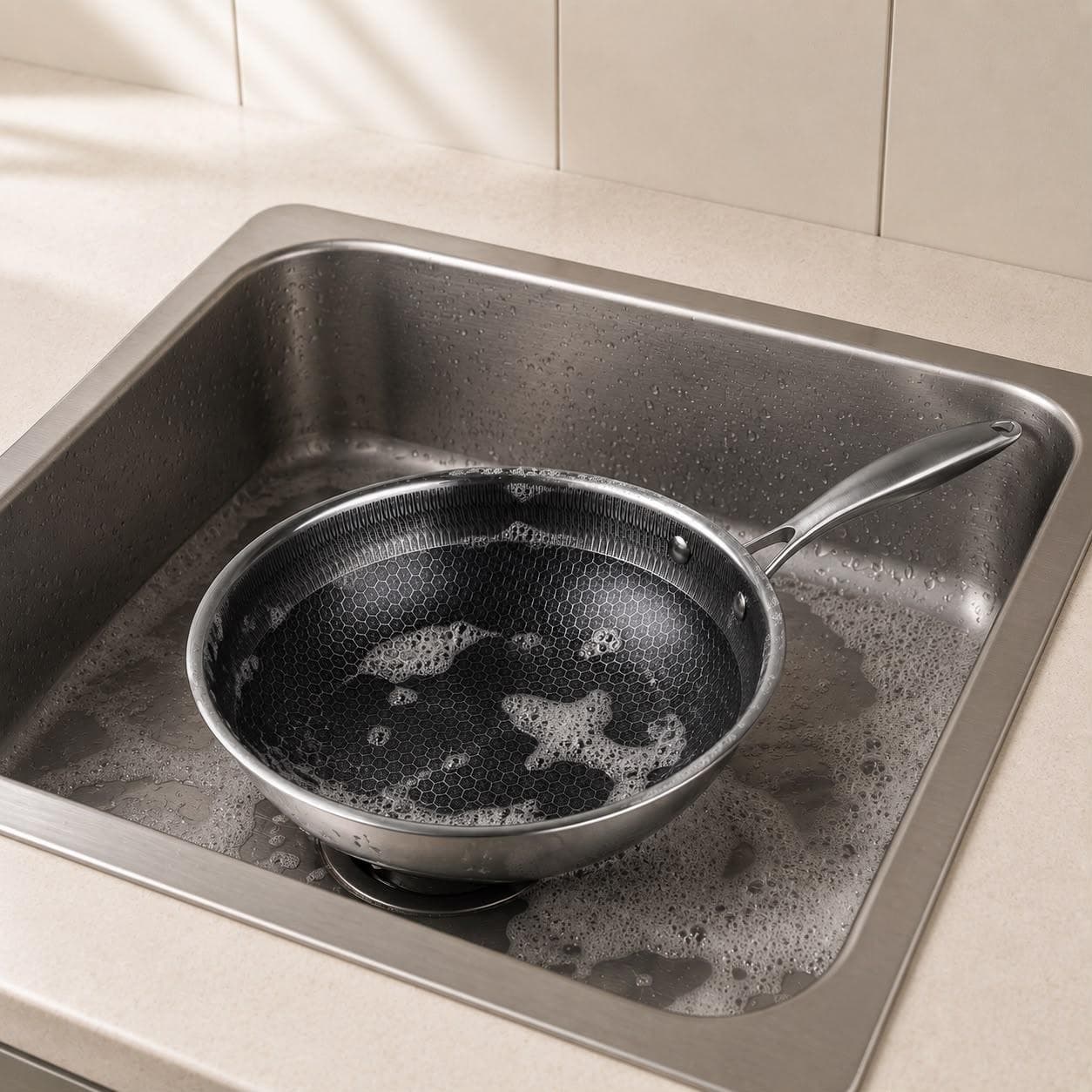 Tri-ply stainless steel pan without lid, Size 24 × 7.5 cm, suitable for frying and cooking. 4