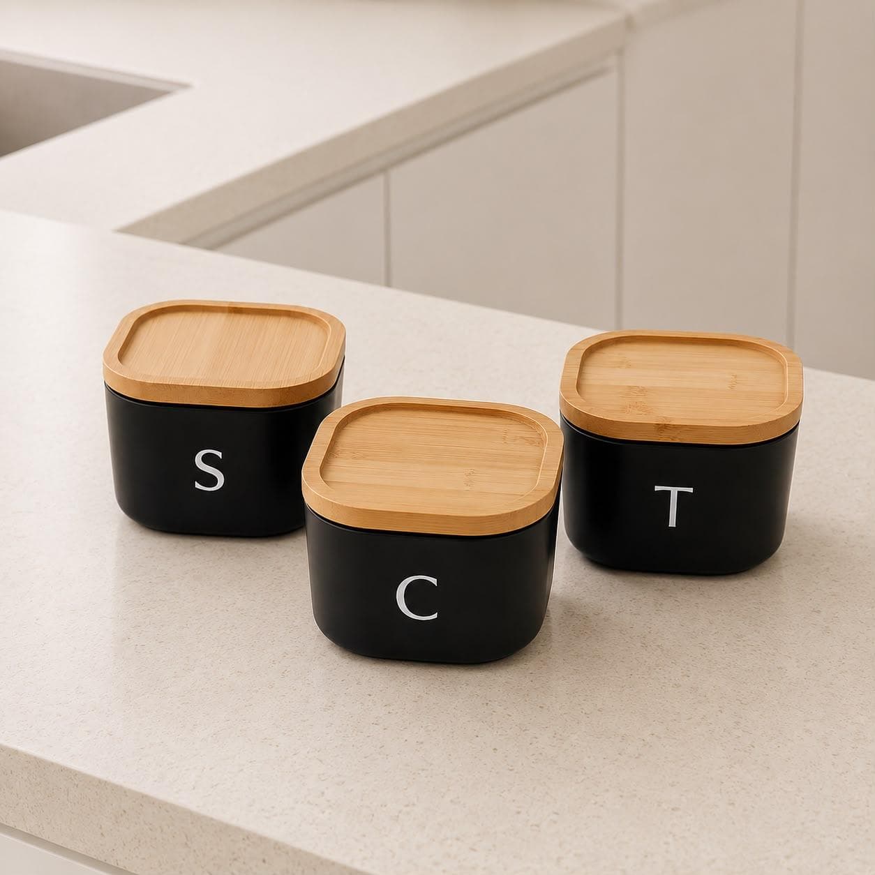 Tea, Coffee & Sugar Storage Set – White Metal Jars with Bamboo Lids 4