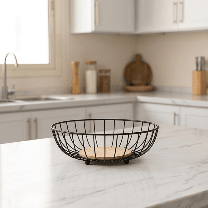 Black Metal Fruit Basket with Wooden Base – Modern Open Design