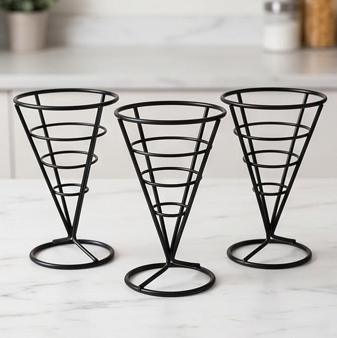 Metal French Fries Holder – Stylish Cone-Shaped Black Wire Design, 15 cm Height, Perfect for Serving Fries or Snacks at Home or Restaurants