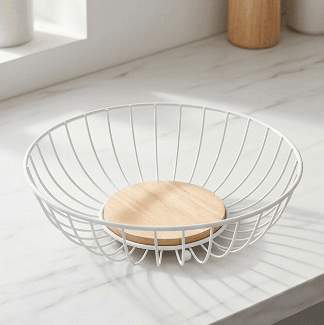 White Metal Fruit Basket with Wooden Base – Modern Design
