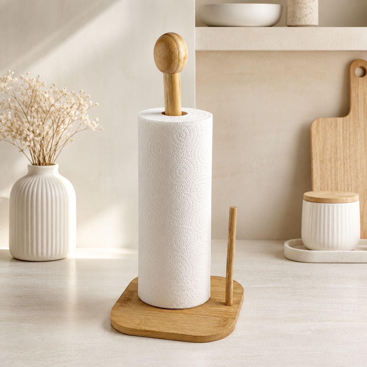 Vertical Wooden Paper Towel Holder with Square Base for Kitchen Roll – Size  16 cm

