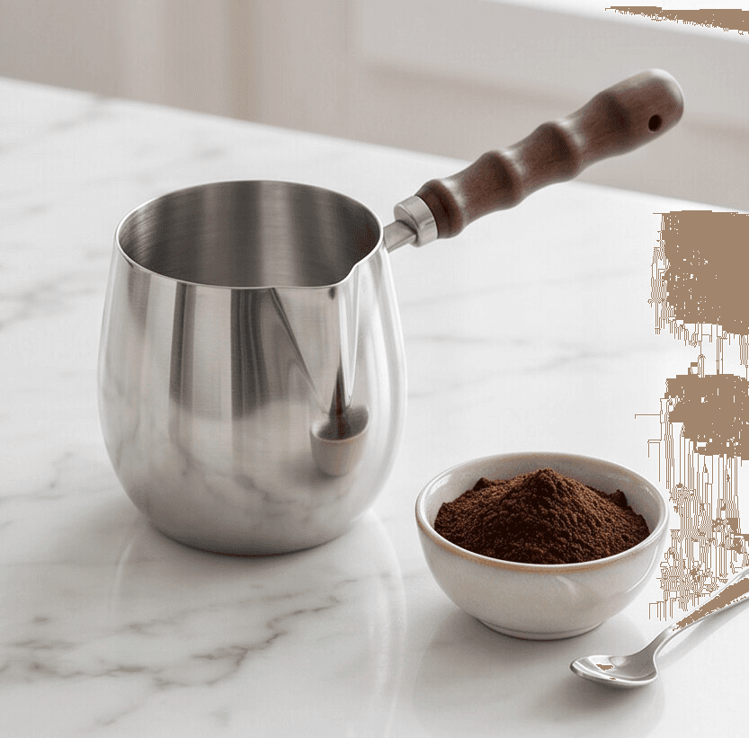 450ml stainless steel milk pot with a wooden handle, ideal for heating and easy pouring.