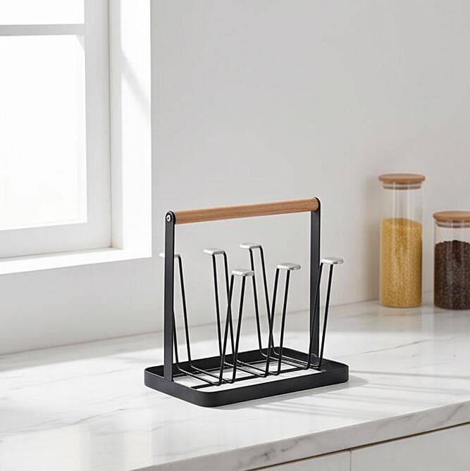 Black Metal Cup Drying Rack with Wooden Handle and Draining Tray