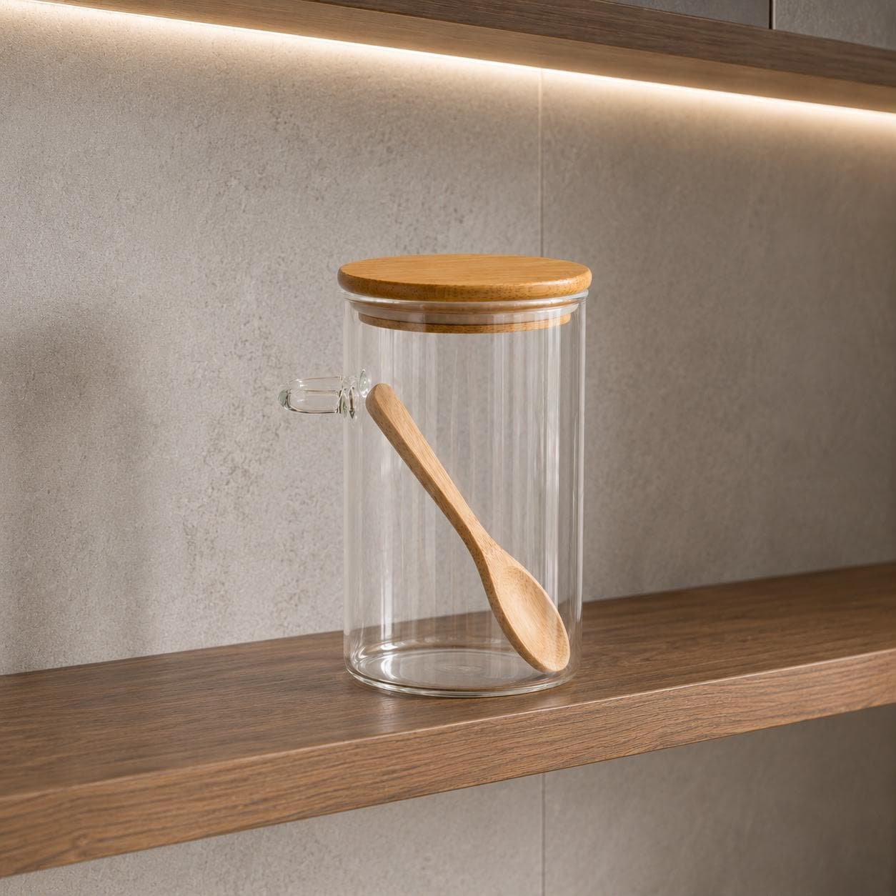 Round Clear Storage Jar with Wooden Lid & Spoon – Size 8.5×20 cm