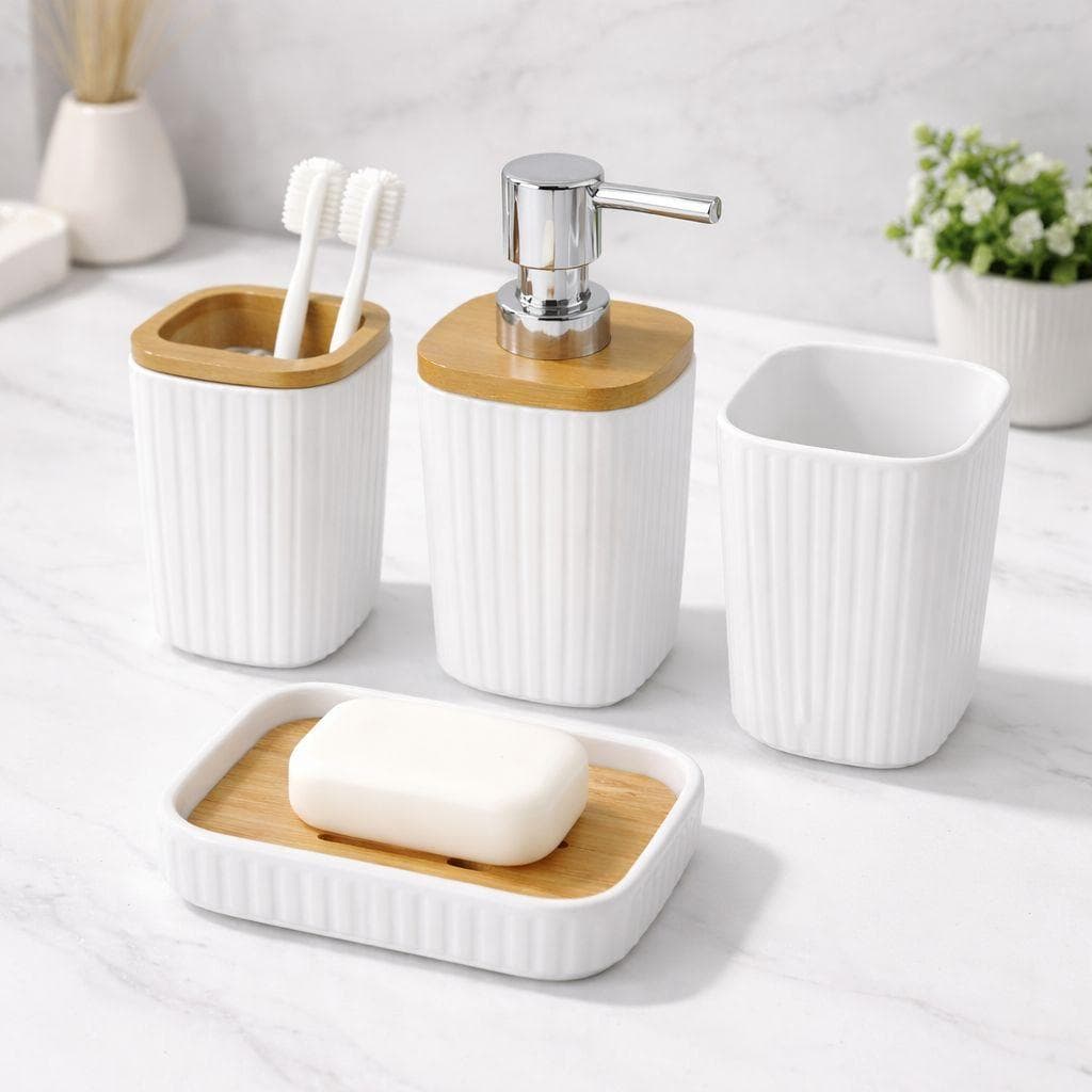 Ribbed White Bathroom Accessories Set 4 PCS