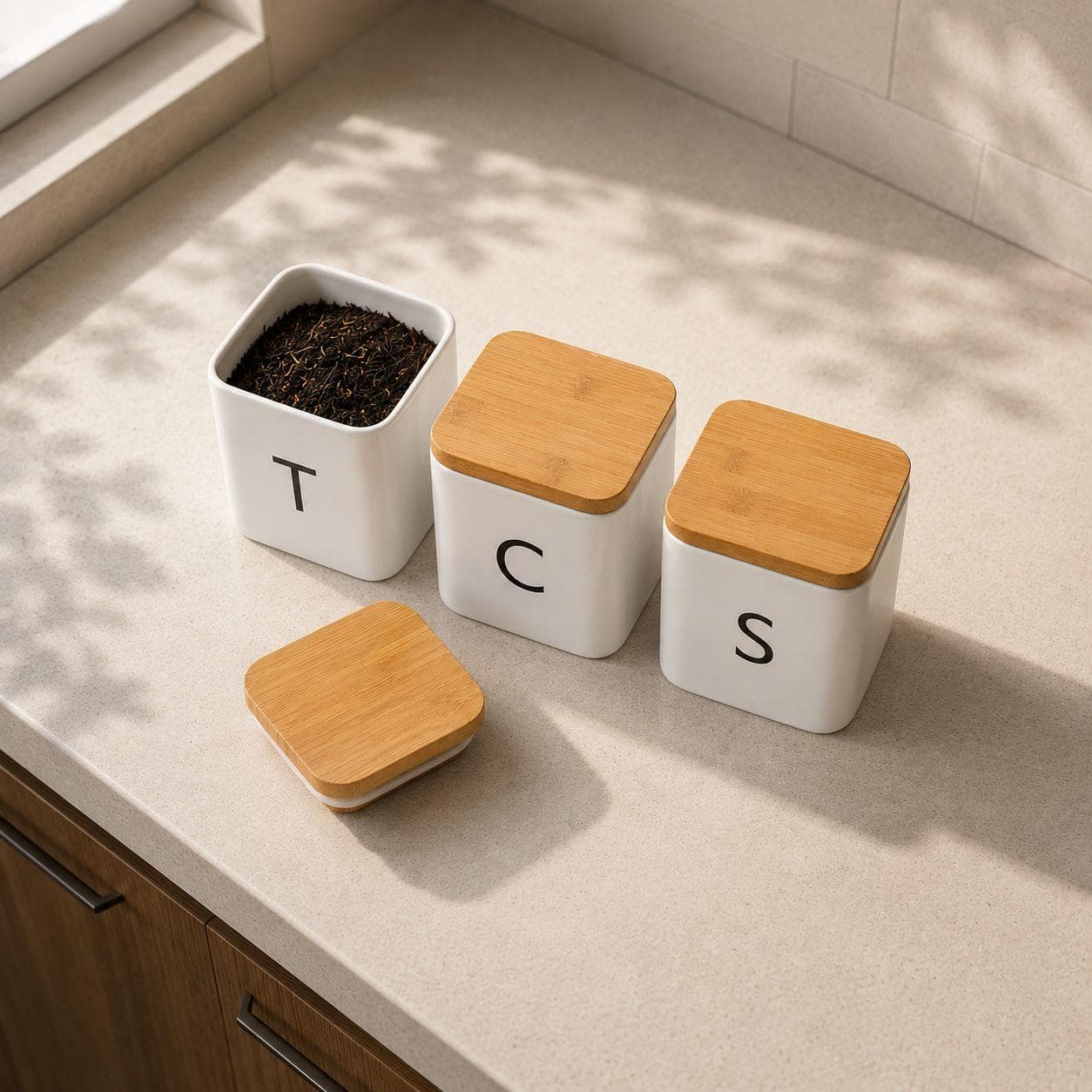 Tea, Coffee & Sugar Storage Set – White Metal Jars with Bamboo Lids 4