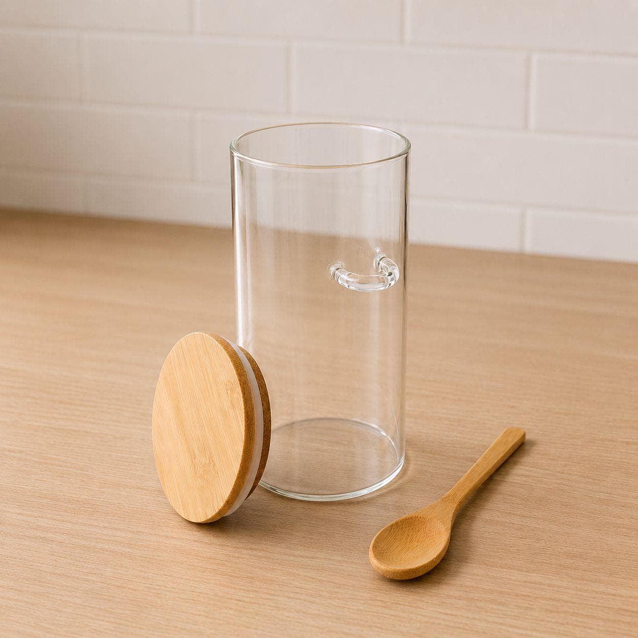 Round Clear Storage Jar with Wooden Lid & Spoon – Size 8.5×18 cm 5