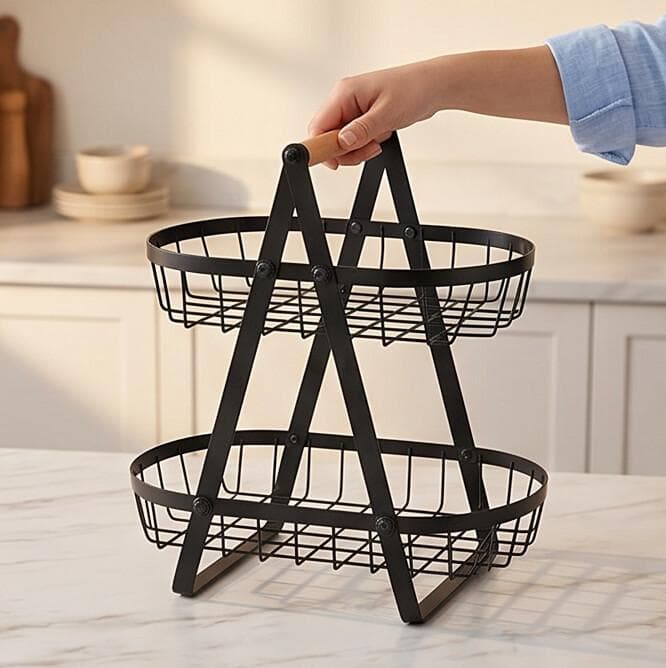 Tier Black Metal Fruit and Vegetable Basket with Wooden Handle – Modern Kitchen Organizer