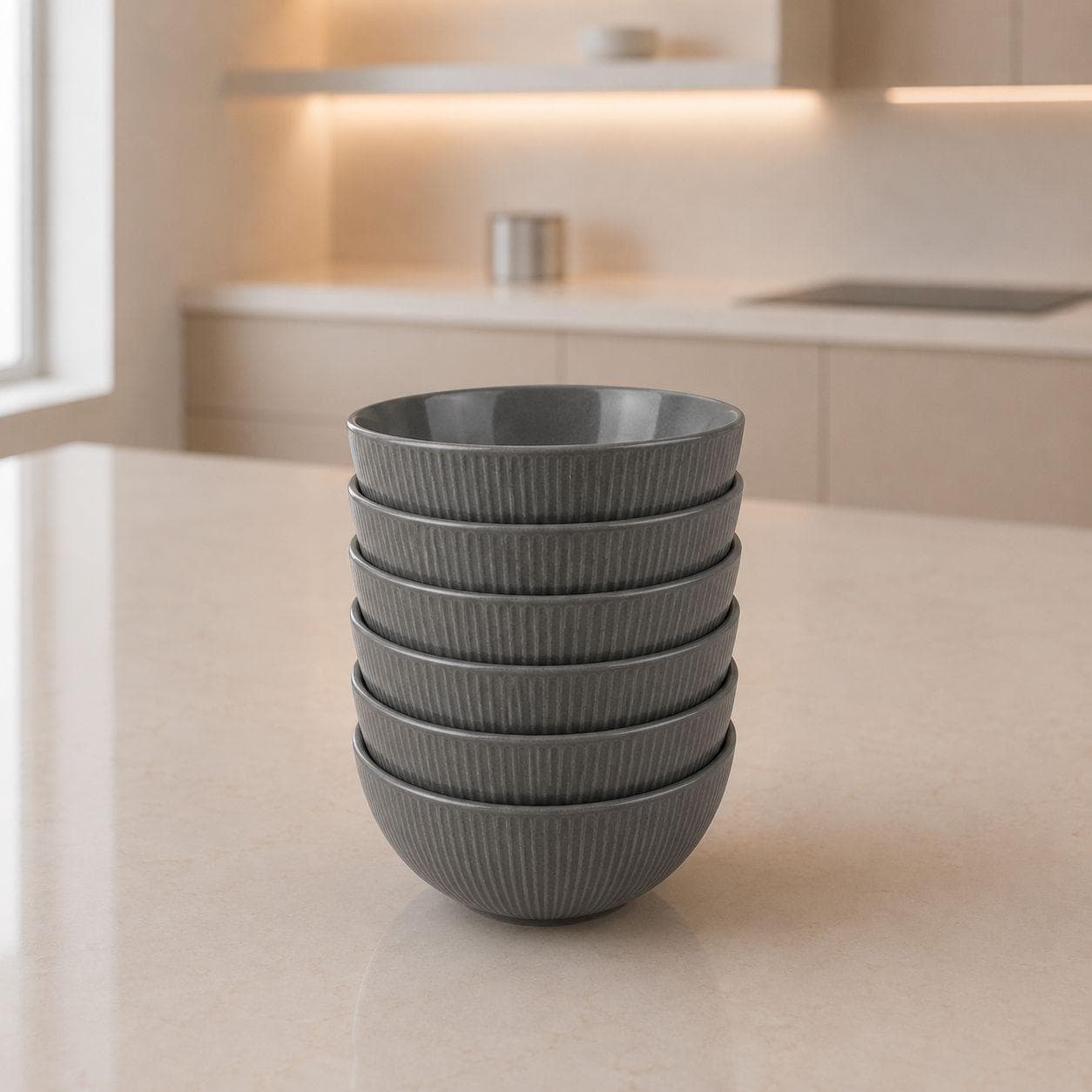 Luxury Ceramic Serving Bowl with Ribbed Pattern in Gray Set of 6 Pieces – Size  15 cm

