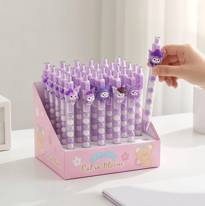 A charming pen featuring a cute cartoon topper and soft purple feathers. Perfect for school, gifts, or daily use — stylish and fun!