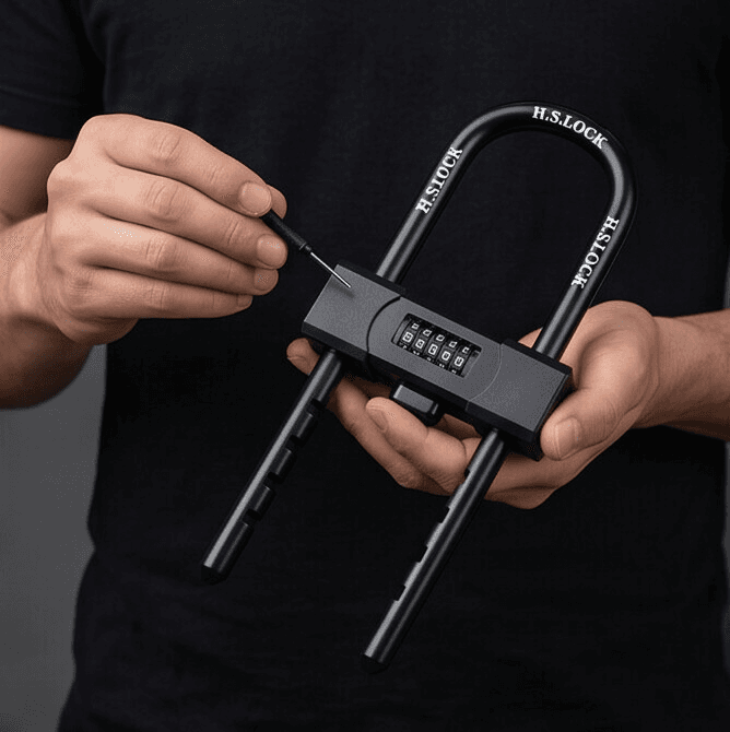 U-lock with combination code, ideal for securing bikes and belongings.