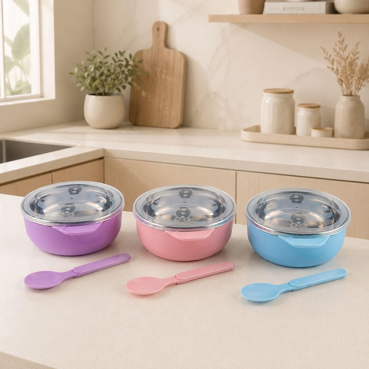 Kids Stainless Steel Bowl with Lid and Spoon 12.5×4.3 cm 2