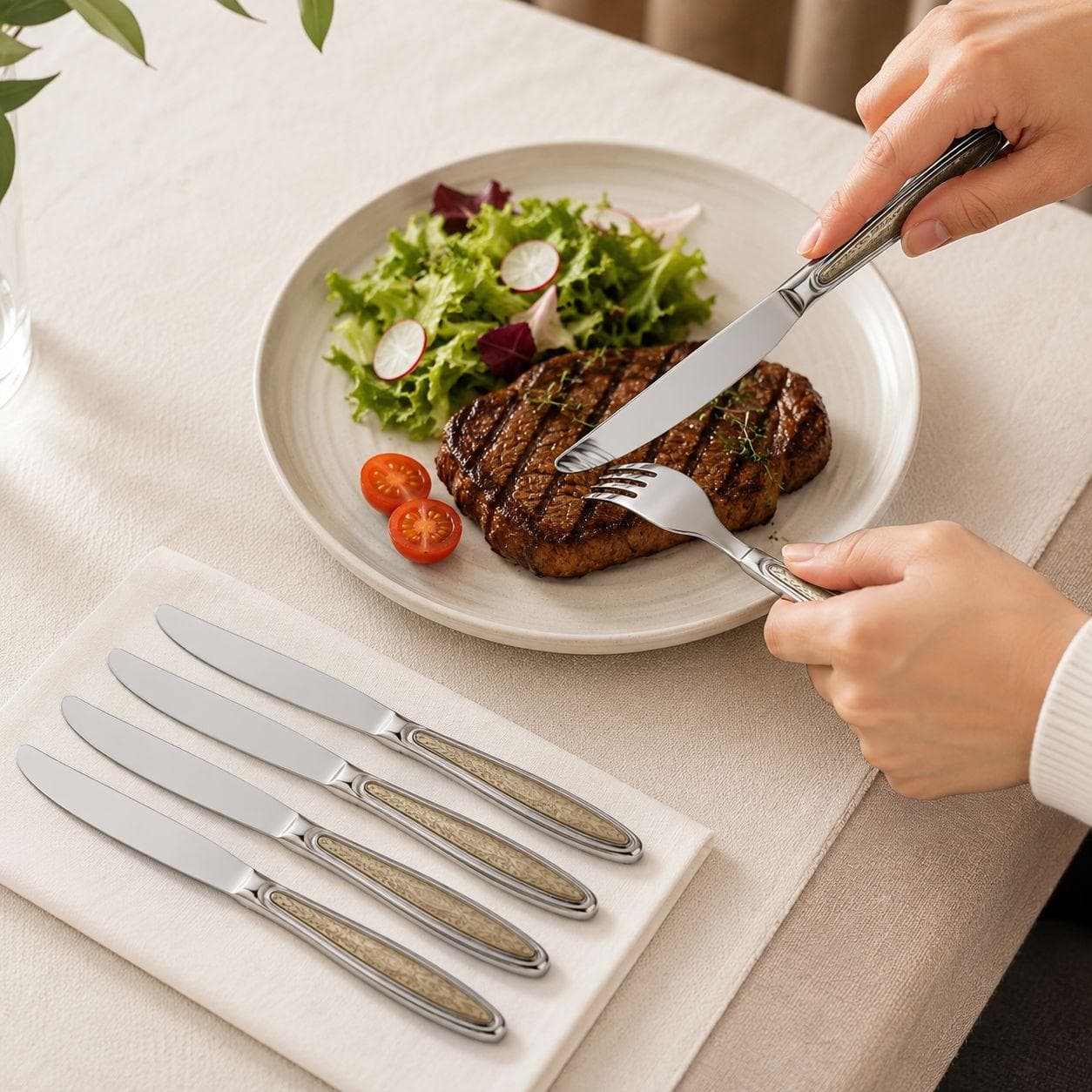 6 gold dining knives with a patterned handle, suitable for cutting and serving food.