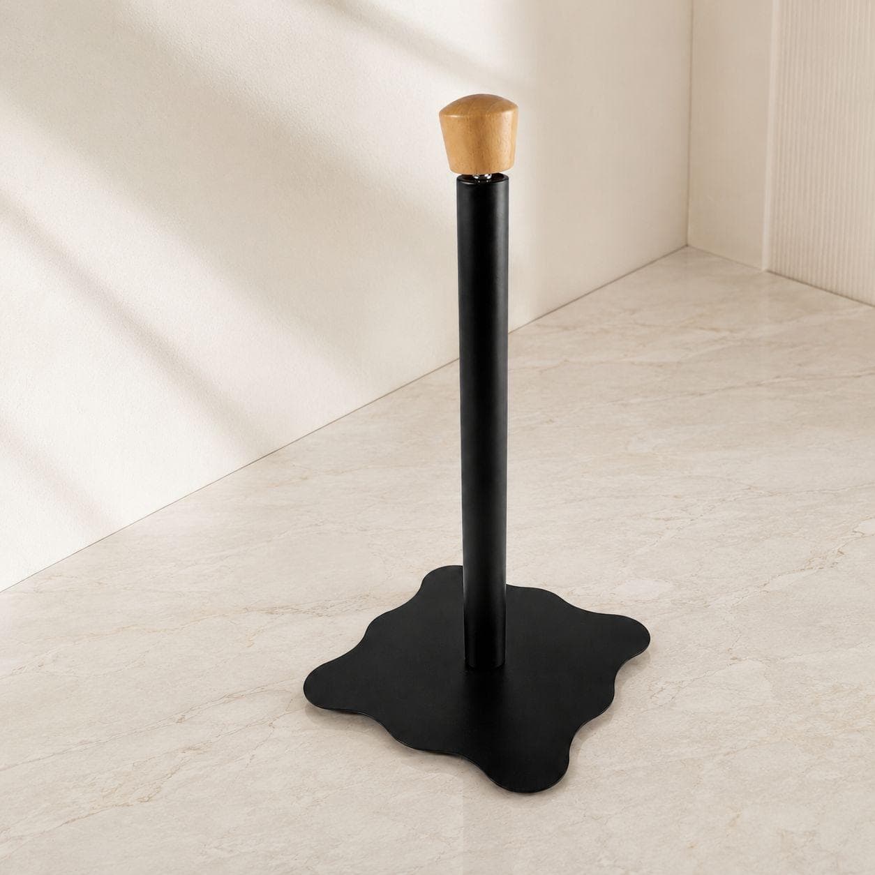 Black Metal Kitchen Paper Towel Holder with Wooden Base 4