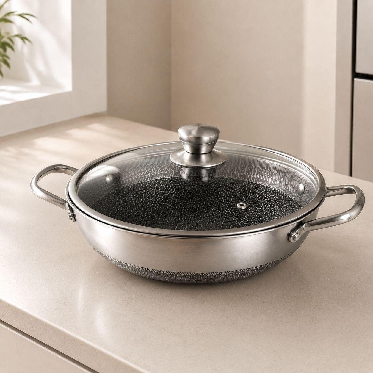 Stainless steel pan with side handles and lid, Size  28 × 8 cm, suitable for daily cooking.
