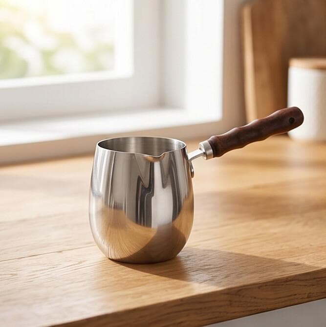 350 ML stainless steel milk pot with a wooden handle, ideal for heating and easy pouring.