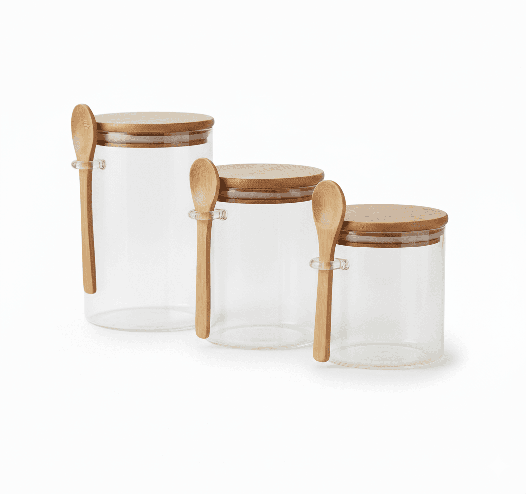 Round Clear Storage Jar with Wooden Lid & Spoon – Size 8.5×15 cm 5