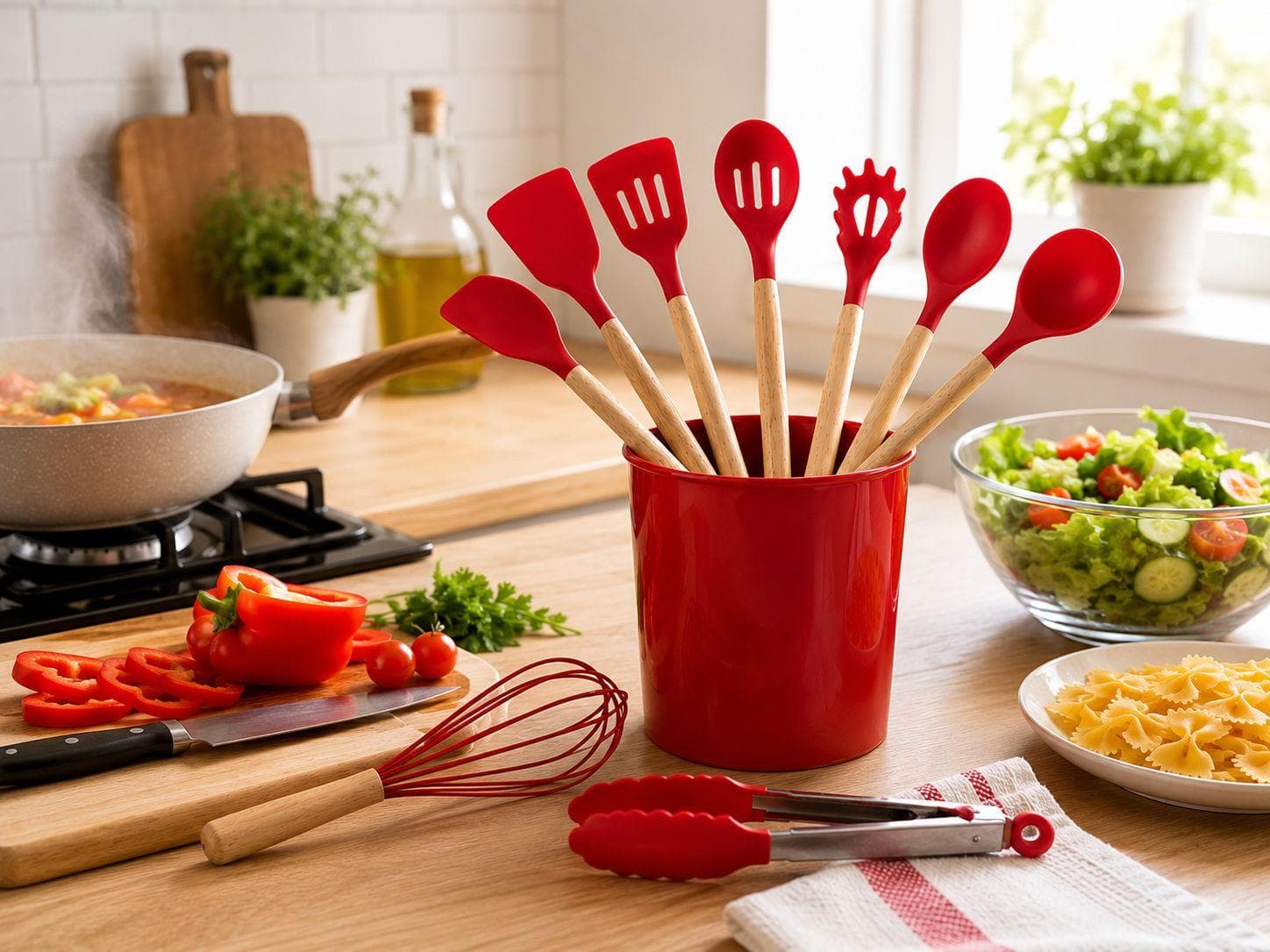 Silicone Kitchen Utensil Set with Wooden Handles & Holder 4
