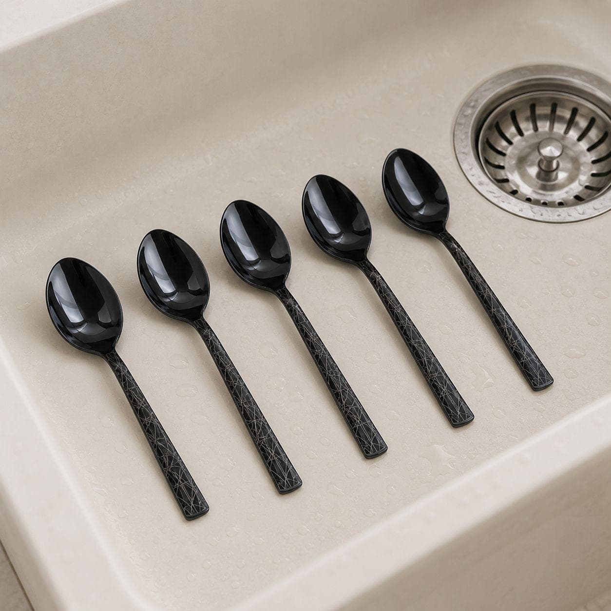 6 black titanium teaspoons with laser pattern, suitable for beverages. 3