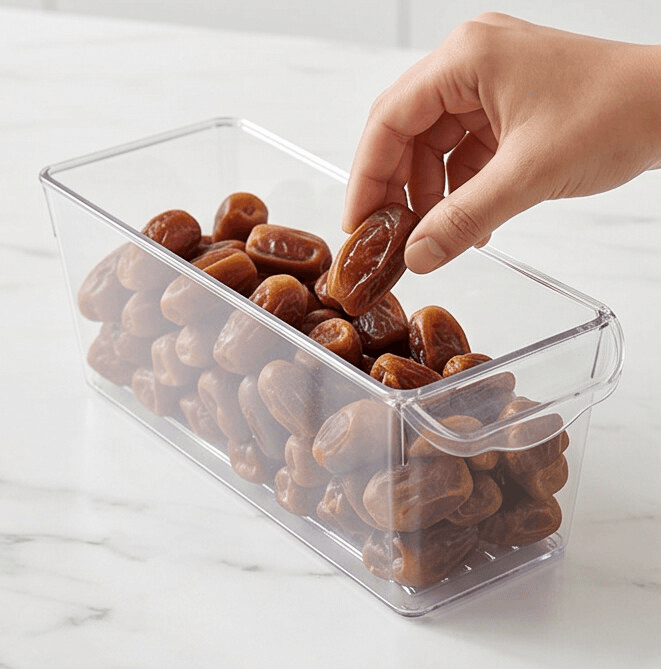 Transparent organizer with lid, ideal for storing and organizing food in the fridge.