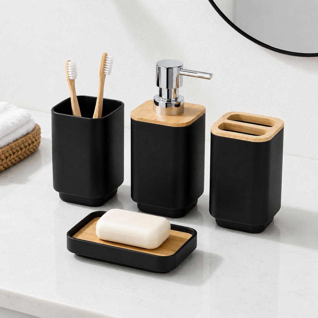 Bathroom Accessories Set 4 PCS with Wooden Design