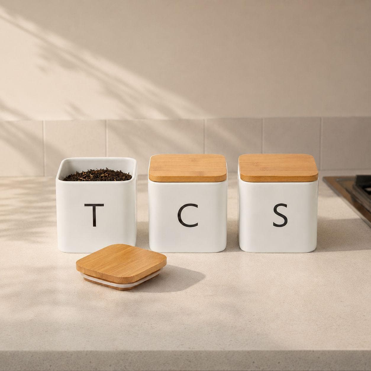 Tea, Coffee & Sugar Storage Set – White Metal Jars with Bamboo Lids 3