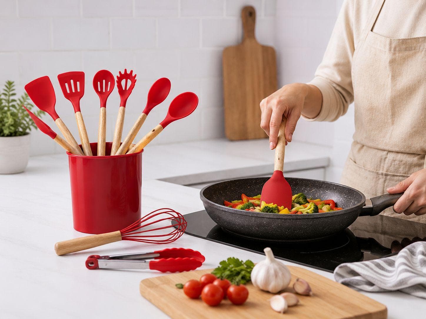 Silicone Kitchen Utensil Set with Wooden Handles & Holder 3