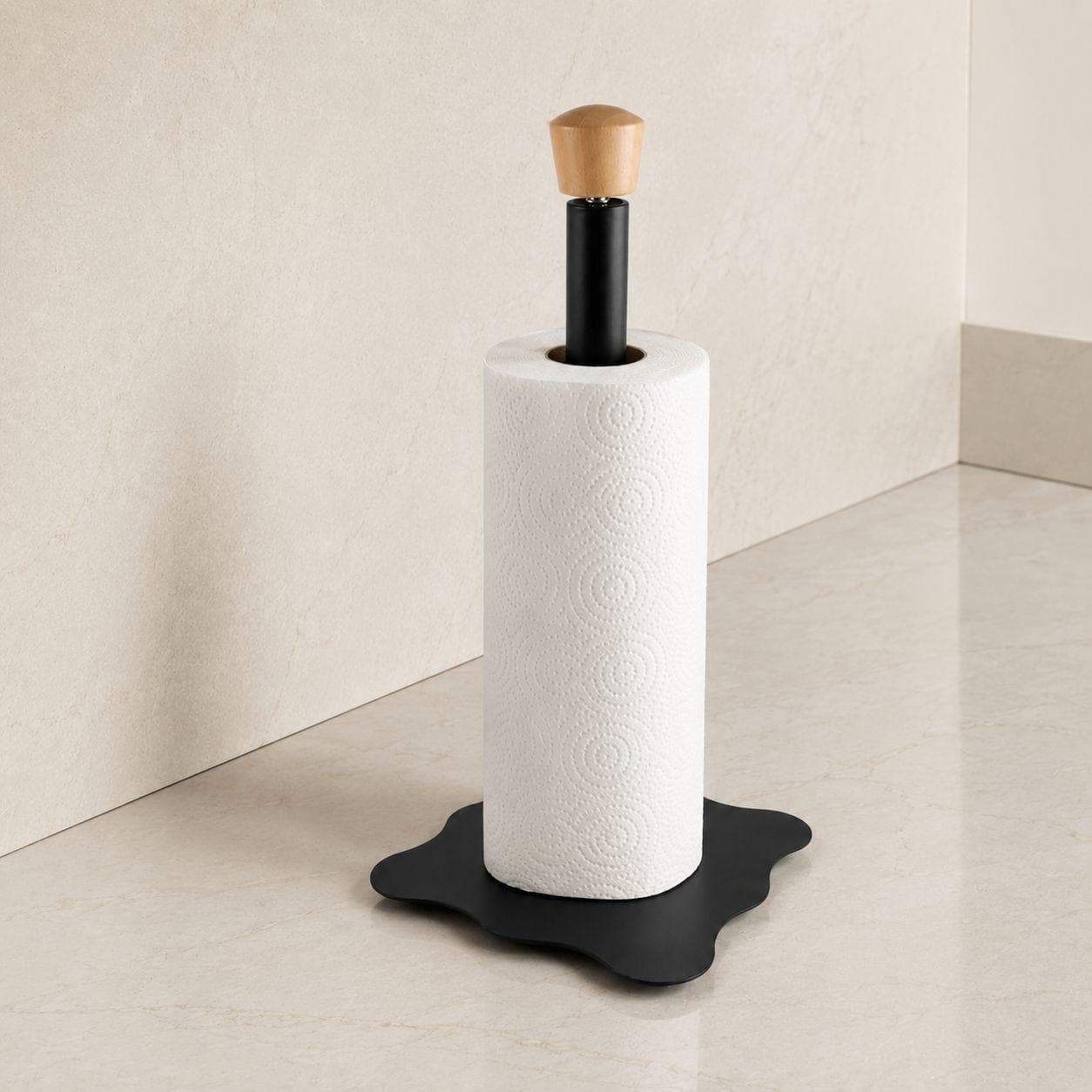 Black Metal Kitchen Paper Towel Holder with Wooden Base