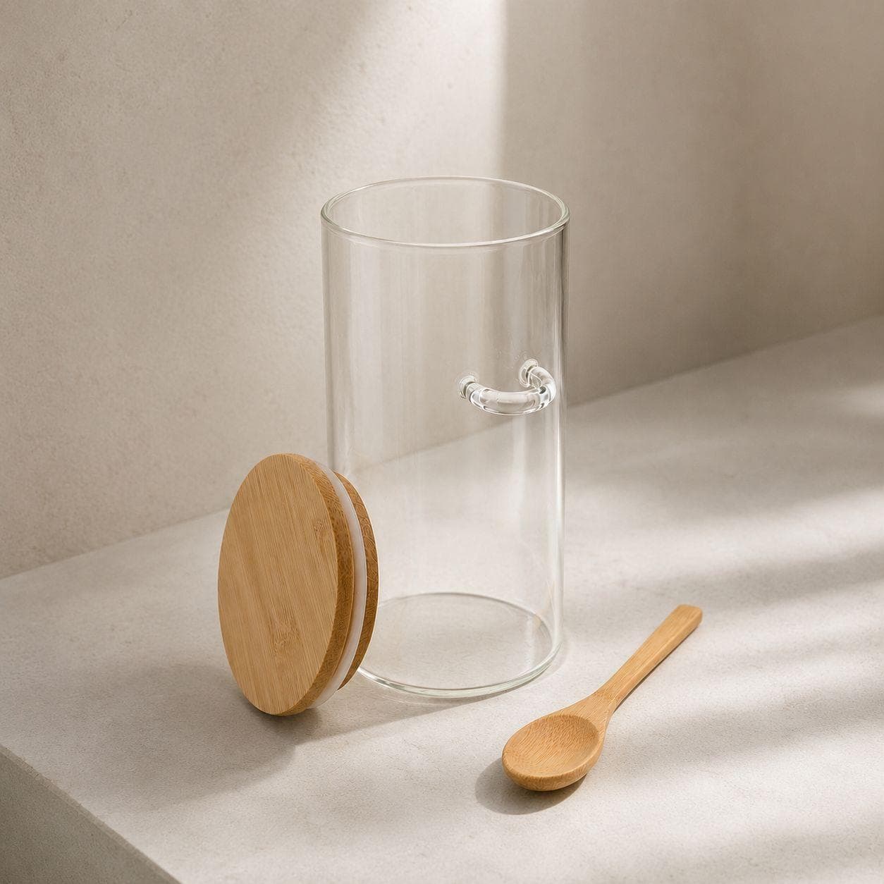 Round Clear Storage Jar with Wooden Lid & Spoon – Size 8.5×18 cm