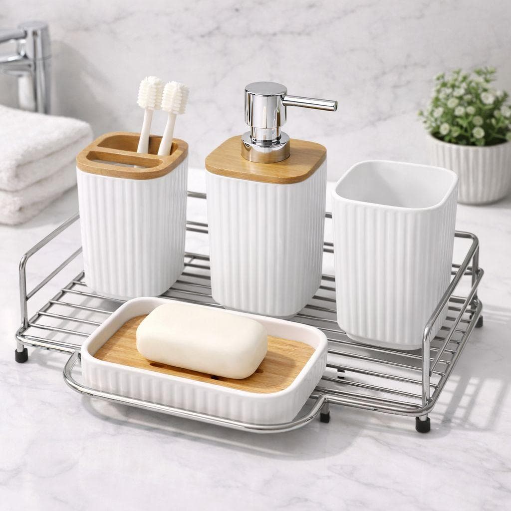Ribbed White Bathroom Accessories Set 4 PCS 4
