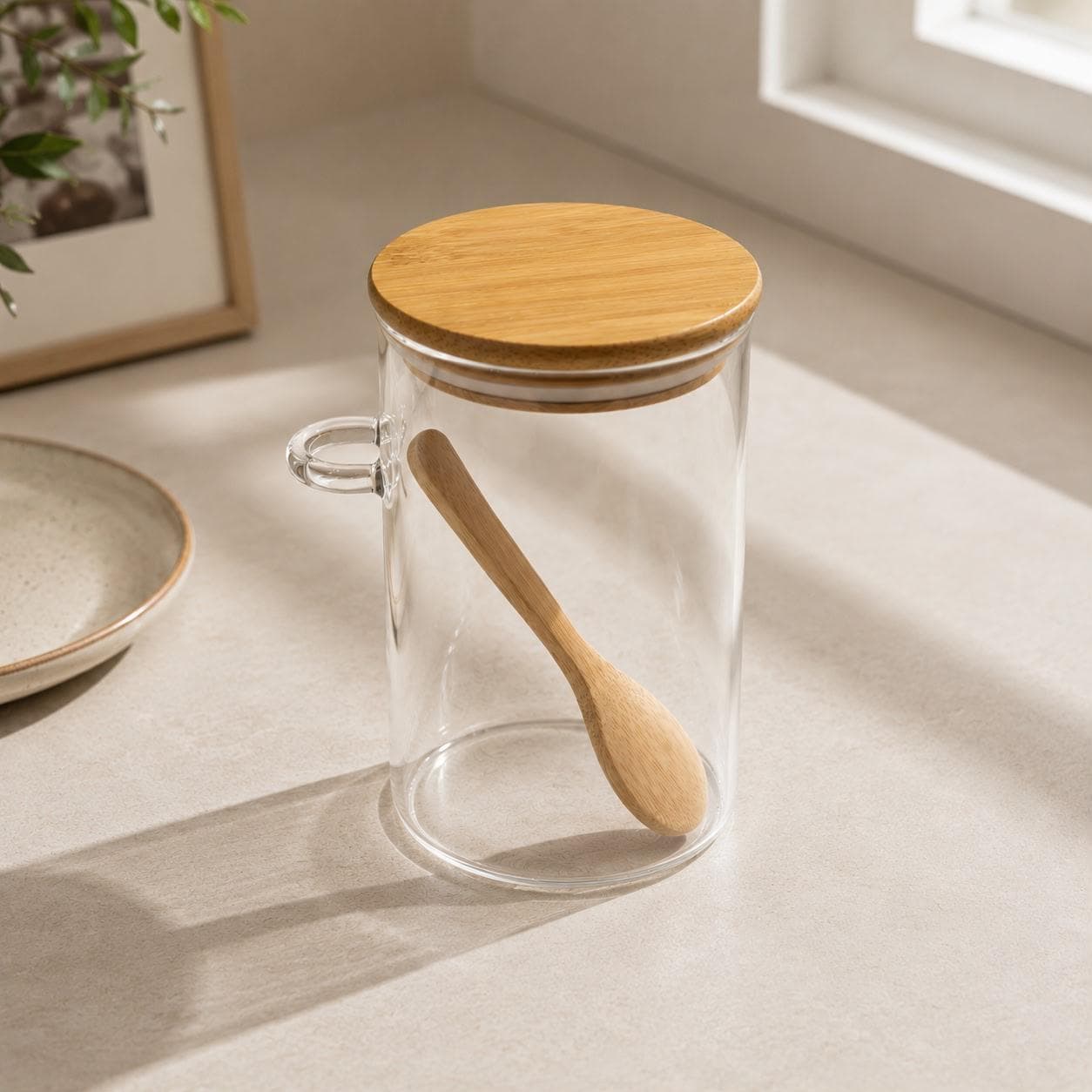 Round Clear Storage Jar with Wooden Lid & Spoon – Size 8.5×15 cm 4