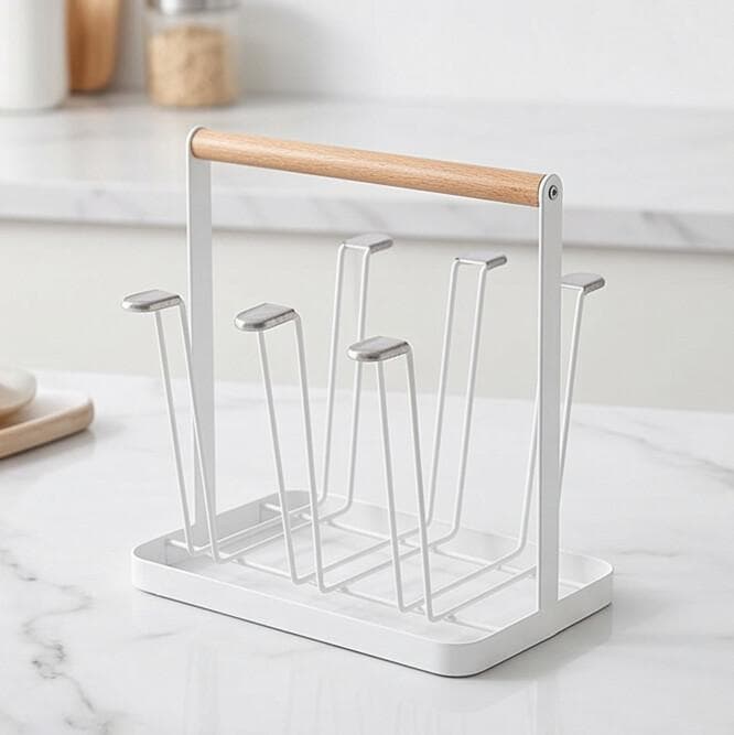 White Metal Cup Drying Rack with Draining Tray and Wooden Handle