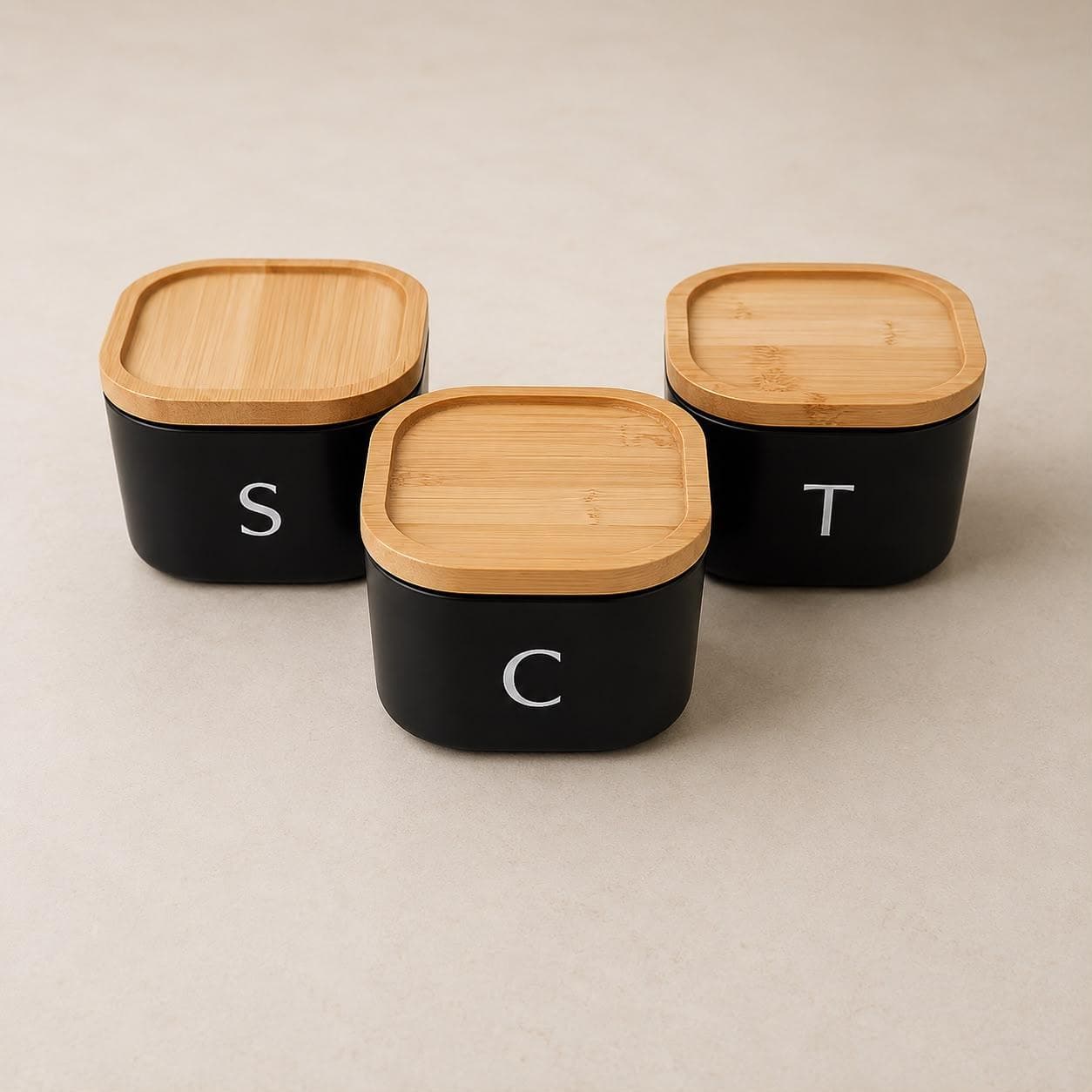 Tea, Coffee & Sugar Storage Set – White Metal Jars with Bamboo Lids