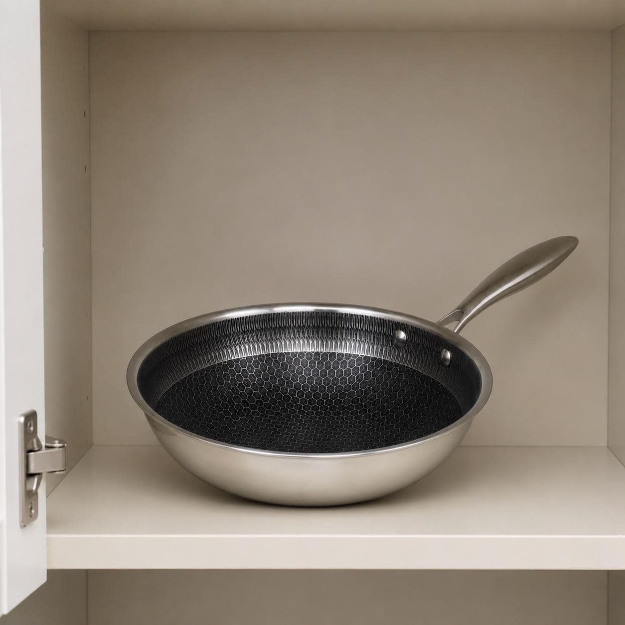 Tri-ply stainless steel pan without lid, Size 24 × 7.5 cm, suitable for frying and cooking. 3