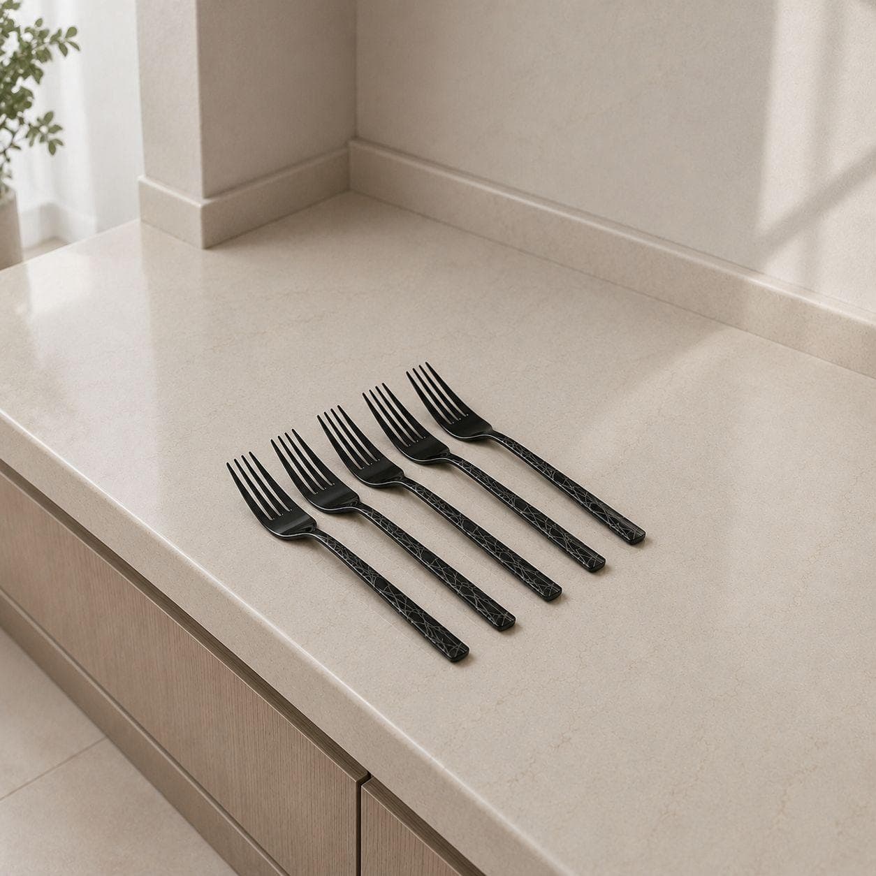 6 black titanium dining forks with laser pattern, suitable for serving food. 5