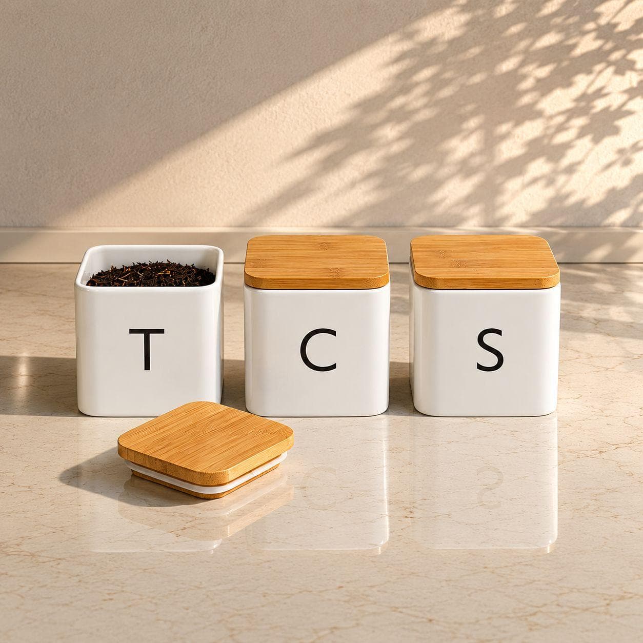 Tea, Coffee & Sugar Storage Set – White Metal Jars with Bamboo Lids