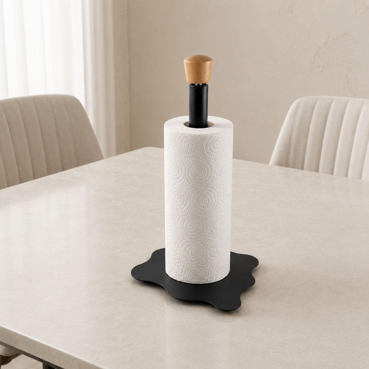 Black Metal Kitchen Paper Towel Holder with Wooden Base 3