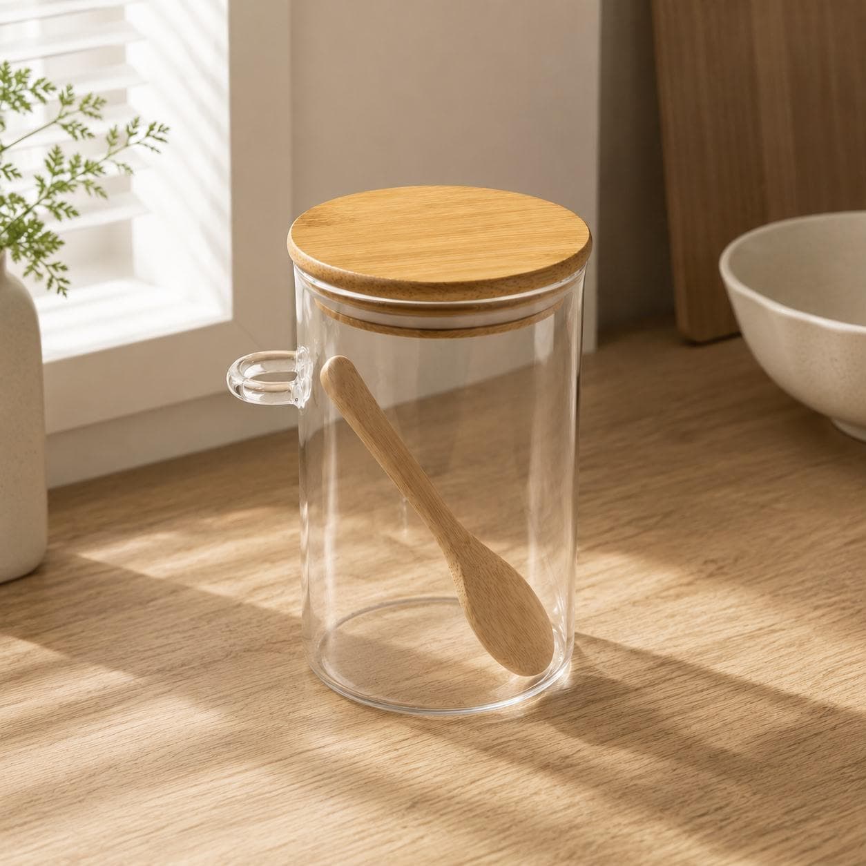 Round Clear Storage Jar with Wooden Lid & Spoon – Size 8.5×15 cm 3