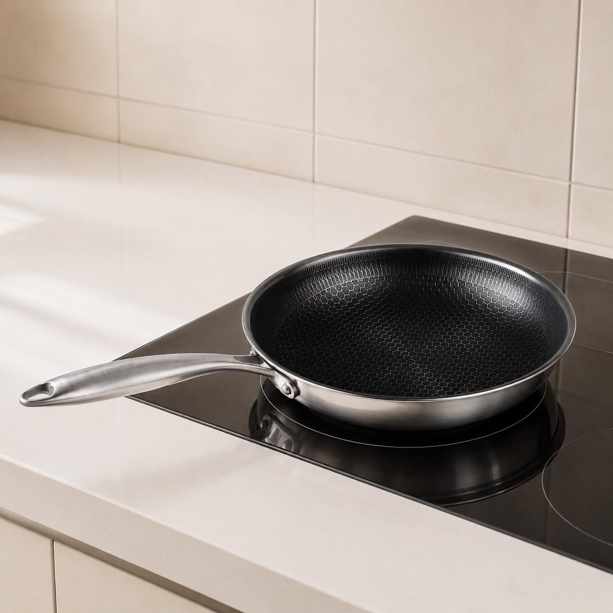 Stainless steel frying pan without lid, textured surface, Size 26 × 5 cm, ideal for quick frying. 2