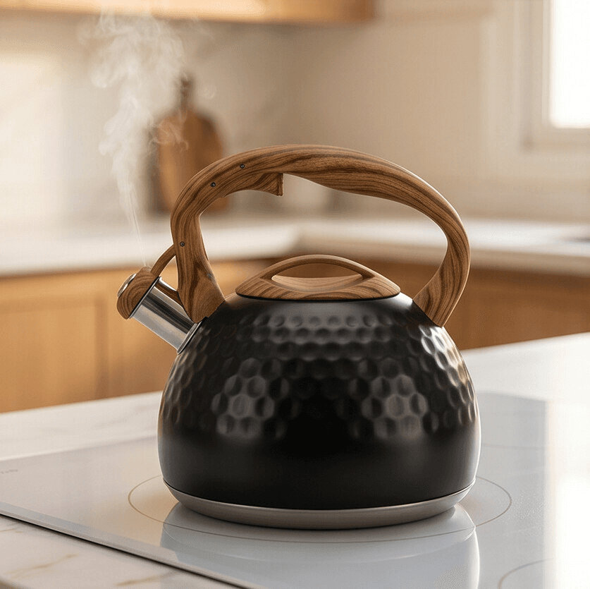 Black Water Kettle with Elegant Wooden Handle