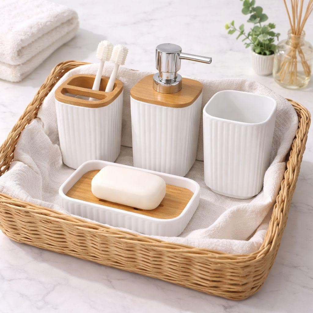 Ribbed White Bathroom Accessories Set 4 PCS 3