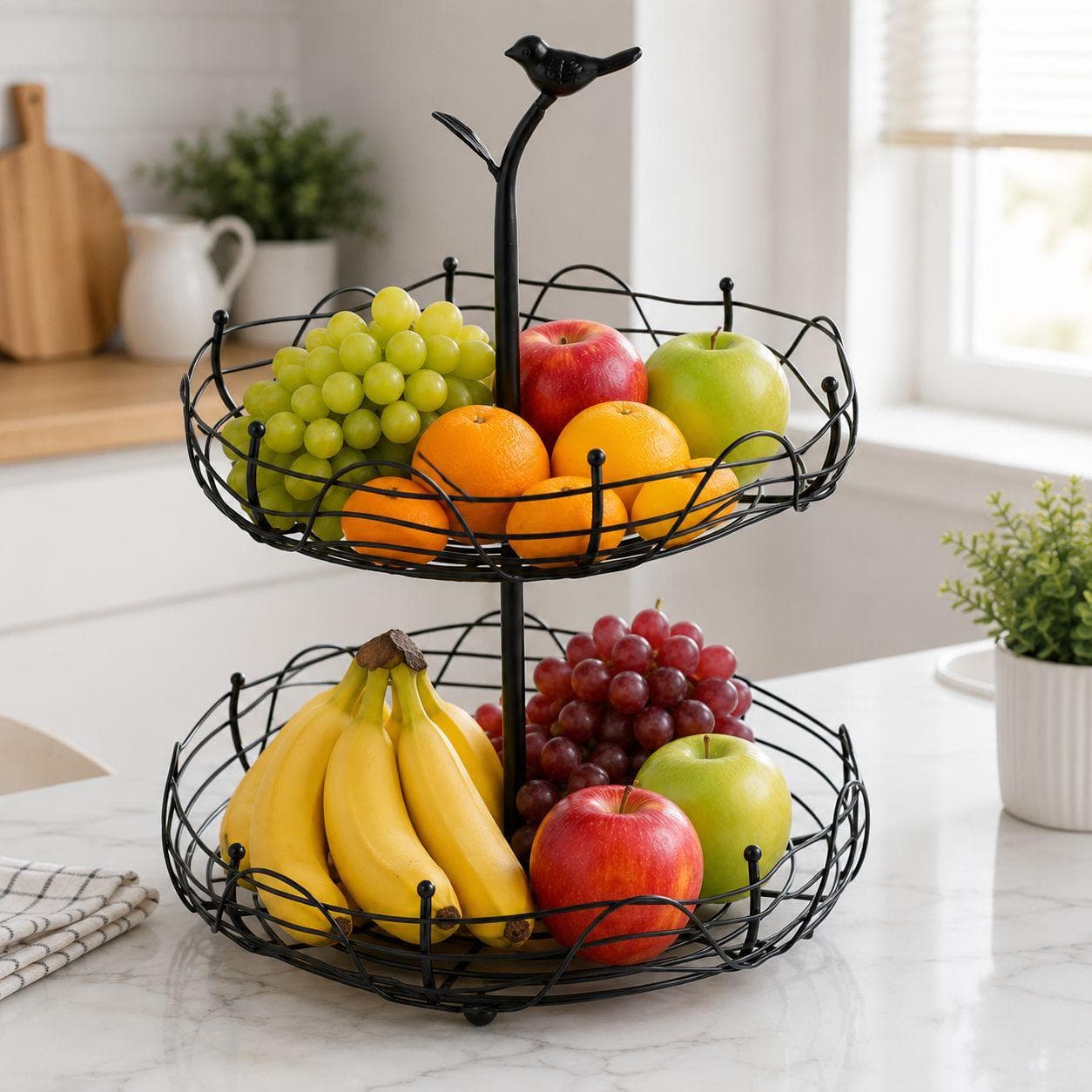 Two-Tier Black Metal Fruit Basket