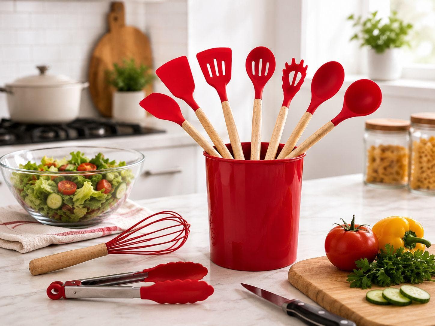 Silicone Kitchen Utensil Set with Wooden Handles & Holder